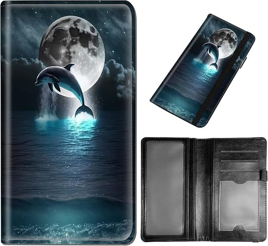 DEGDFSGR Checkbook Cover - Premium Leather Standard Duplicate Register Check Card Book Holder Wallet with RFID Blocking Function for Girl Men Women,Dolphin Moon Night