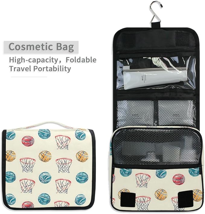 senya Hanging Travel Toiletry Bag Kit Boys Makeup Case Cosmetics Organizer for Men Women (Basketball Balls And Hoop)