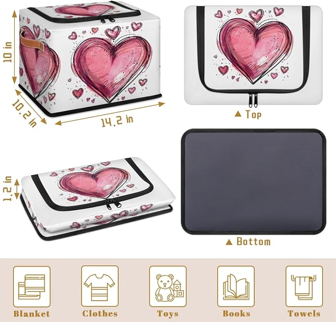 Pink Heart Storage Bins With Zipper Lid, Collapsible Trunk Organizer, Car Organizers and Storage Bins with Lids, Valentine‘s Day Decorative Storage Boxes with Handle, Home Storage Baskets