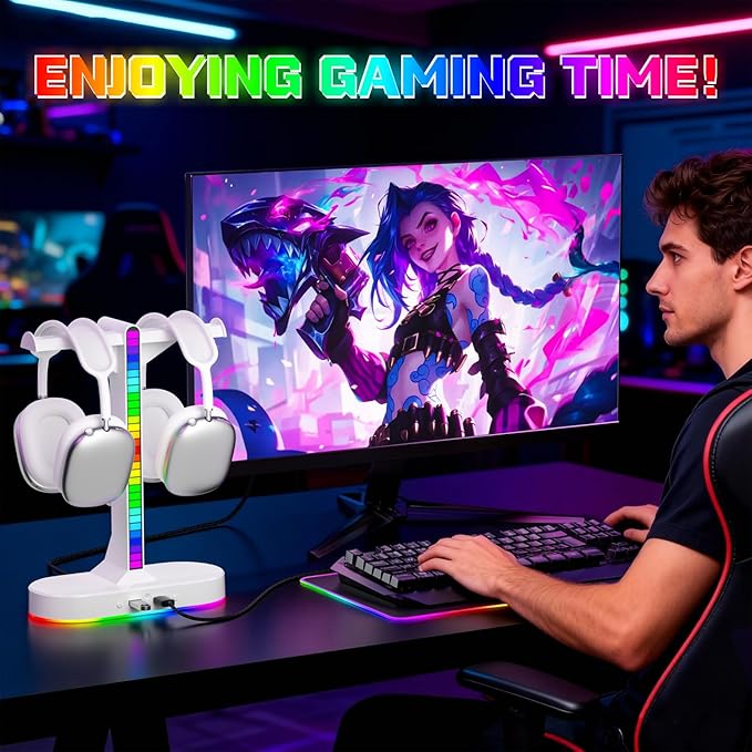 Cool RGB Headphone Stand with Charging Station - Sleek Dual Headset Holder, 3 USB Ports & 3.5mm Audio, 8 Light Modes | Ultimate Gaming Gift for Men, Boyfriend, Teen Boys - Modern White Design