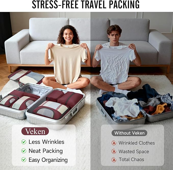 Veken 8 Set Packing Cubes for Travel Essentials, Gifts for women, Suitcase Organizer Bags in 4 Sizes, Carry-On Luggage Accessories with Large Laundry & Hanging Toiletry Bag, Must-Have for Airplane