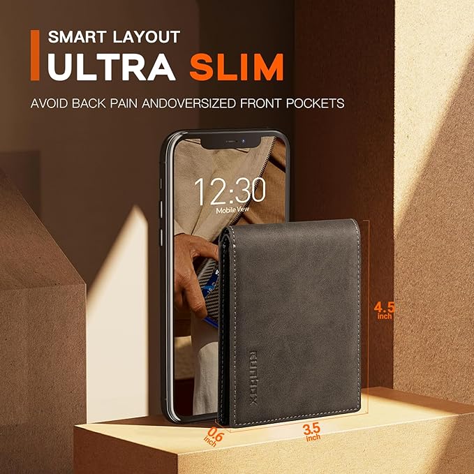 RUNBOX Wallet for Men Slim Leather Bifold RFID Blocking Minimalist Front Pocket Design with Gift Box