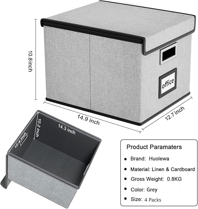 Portable File Organizer Boxes Set of 4, Large Linen Hanging Office Document Storage Boxes with Lids, Collapsible Filing & Storage Boxes for Office/Decor/Home - 14.9 x 12.7 x 10.8 inch