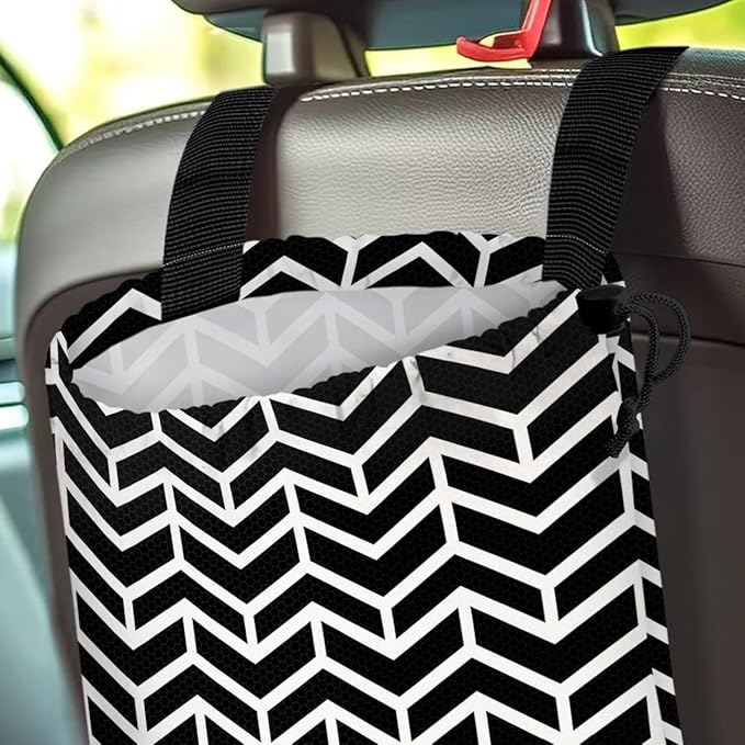 Car Trash Bag Hanging Back of Seat Waterproof Small Cute Printed One-Handed Strap Drawstring Garbage Bags for Car-Black White