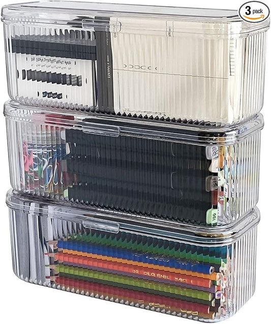 3 Pack Clear Pen Organizer for Desk Drawer, Plastic Home Office Supplies Storage Container for Marker, Crayons, Brushes, Mini Toys, Art Crafts, Pencil Case with Lid