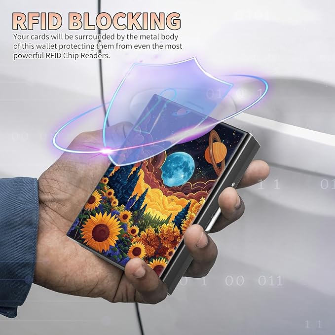 Slim Credit Card Holder, Starry Sunflowers Cosmic Planet RFID Blocking Metal Wallet for Men & Women, Aluminum Minimalist Hard Case Pocket-Sized Business Cards Organizer (Fits Up to 10 Cards)