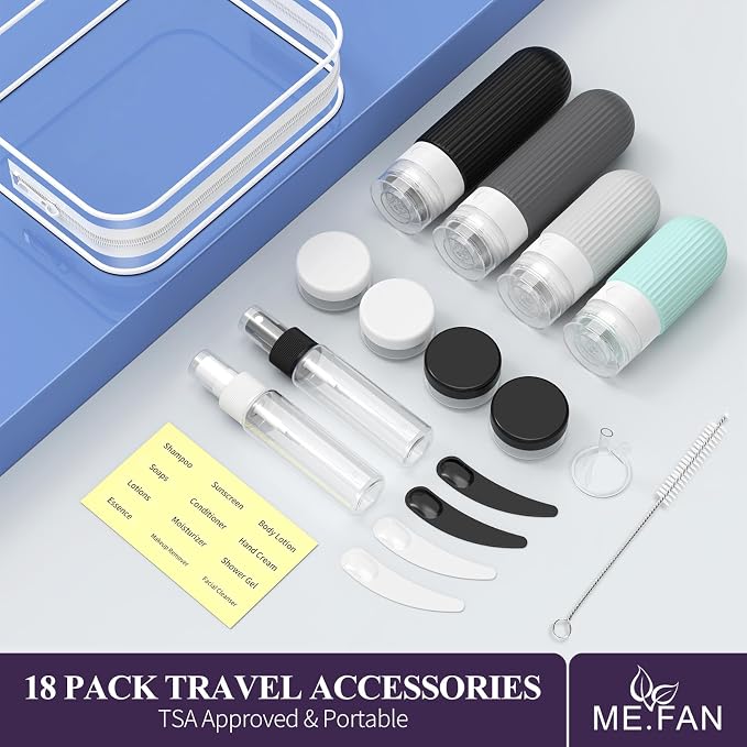 ME.FAN Travel Bottles for Toiletries,18 Pack Silicone Portable Size Bottle, TSA Approved Refillable Cosmetic Container Kits for Conditioner, Shampoo, Lotion,Face Cream - Grey