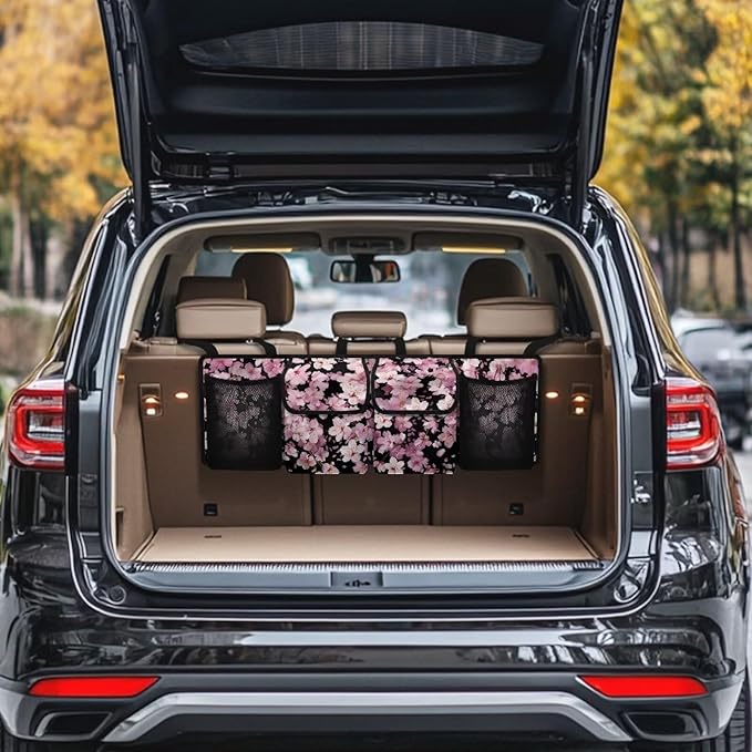 Cherry Blossom Car Organizer and Storage Seat Back Hanging Organizers Storage with 4 Pockets 3 Adjustable Straps Foldable Cargo Storage for SUV, Truck, MPV