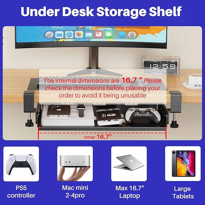 No Drill Under Desk Laptop Mount, Metal Under Desk Storage Shelf with Cable Management, Laptop Storage Tray for MacBook, Keyboard, Mac Mini, Anti-Scratch Silicone, Fits Office, Gaming, Workstations