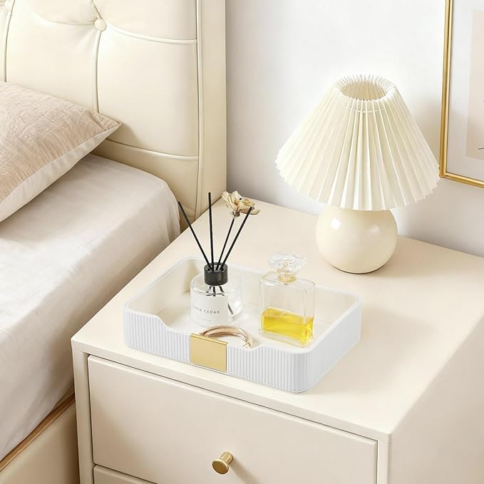 Valet Tray Desktop Storage Organizer, PU Leather Catchall Bedside Vanity Tray with Brass Accents Block Nightstand Organizer for Keys Watch Wallet Phone, Decorative Nightstand Storage (White)