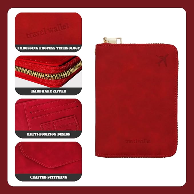 Passport Holder with Tether and Carabiner Clip to Prevent Loss and Theft, Rfid Passport Holder for Travel, Passport Cover, Wallet & Case for Men and Women (Red - Tether and Carabiner)