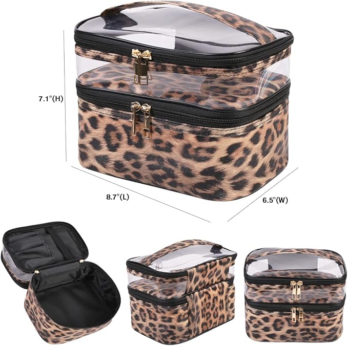 FITINI Makeup Bags Double Layer Travel Large Cosmetic Cases Organizer Toiletry Bags Waterproof Small Zipper Pouch for Women Makeup Brush Storage Bag,Brown Leopard