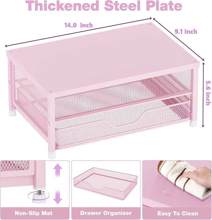 OPNICE Computer Monitor Stand Riser, Desk Organizer with Drawer, Printer & Laptop Stand, Office Desk Accessories & Workspace Desktop Organizers Storage for Office Supplies(Pink)