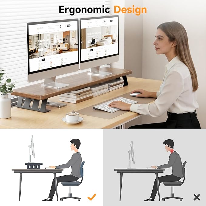 Dual Monitor Stand Riser, 39 Inch Large Wood Monitor Stands for 2 Monitors, Desk Monitor Riser for Computer/Laptop/Printer/TV, Stand Riser up to 220 lbs