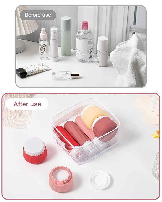 Mrsdry Travel Size Toiletries 8 Pack, TSA Approved 3oz Silicone Squeeze Bottles & Cream Jars with Clear Travel Bag