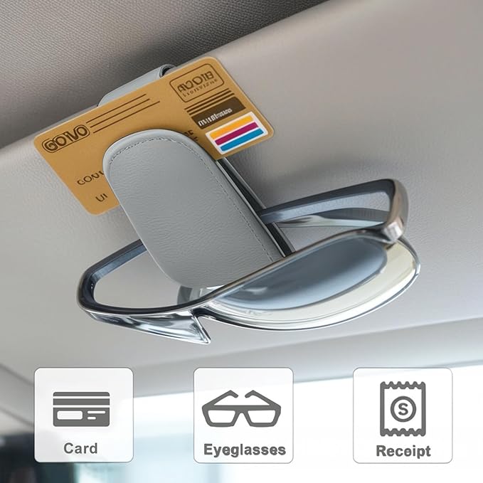 EldHus Sunglass Holder for Car Visor - 2 Pack Magnetic Car Glasses Holder Clip, Leather Eyeglass Holder for Car, Universal Sunglasses Clip for Car Visor, Gray