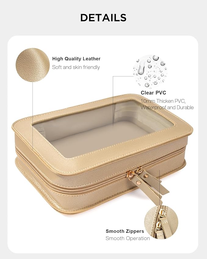 LETGO Clear Makeup Bags, TSA Approved Toiletry Bag with Zipper, Small Makeup Organizer Fit Carry-on Travel Essentials,Portable Travel Clear Cosmetic Bags Pouch for Women Men (Golden)