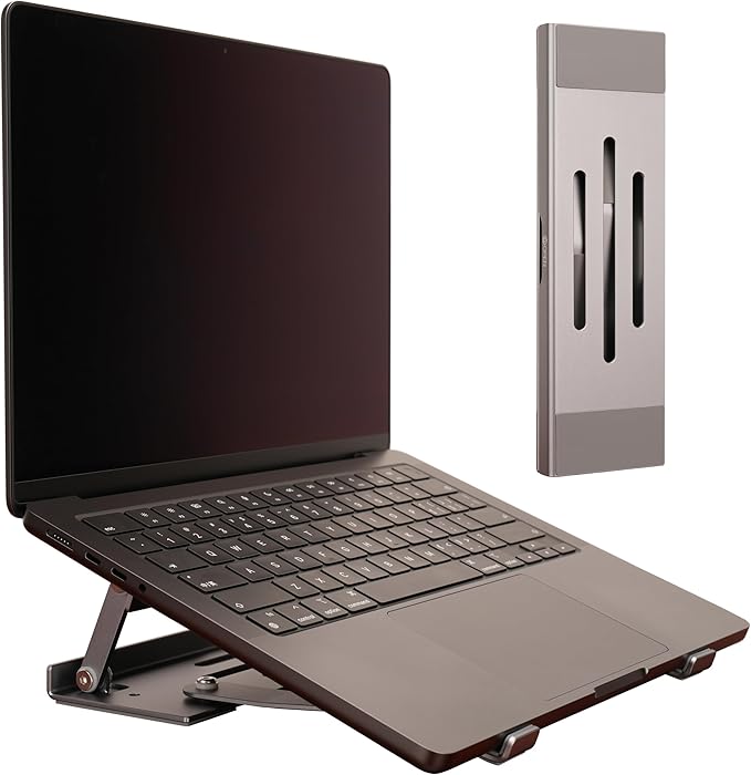 Aluminum Fold & Laptop Riser Stand 3-in-1 Adjustable, Foldable Cooling Stand with Integrated Storage Box, Ruler and Ultra-Slim Portable Design for MacBook, Tablet, Ipad, Keyboard and All Laptop