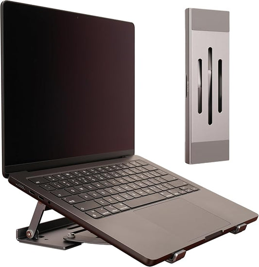 Aluminum Fold & Laptop Riser Stand 3-in-1 Adjustable, Foldable Cooling Stand with Integrated Storage Box, Ruler and Ultra-Slim Portable Design for MacBook, Tablet, Ipad, Keyboard and All Laptop