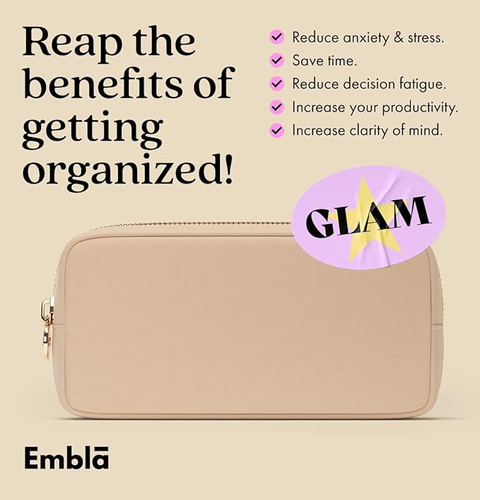 Embla Medium Travel Makeup Bag and Waterproof Nylon Travel Toiletry Bag with Smooth Zipper, Compact Slim Cosmetic Pouch, Beige