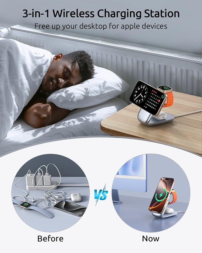 3-in-1 Wireless Charging Station for MagSafe,Foldable Magnetic Stand for iPhone 17/16/15-12 Series, Apple Watch/AirPods,Fast Charger for Qi Phones - Ideal for Home/Office/Travel (Gray, Normal)