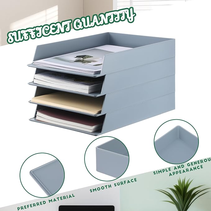 Wenqik 8 Pcs Stackable Paper Trays Rectangular Plastic Desk Holder Desktop Document File Organizer Storage Letter for Office Classroom (Gray)