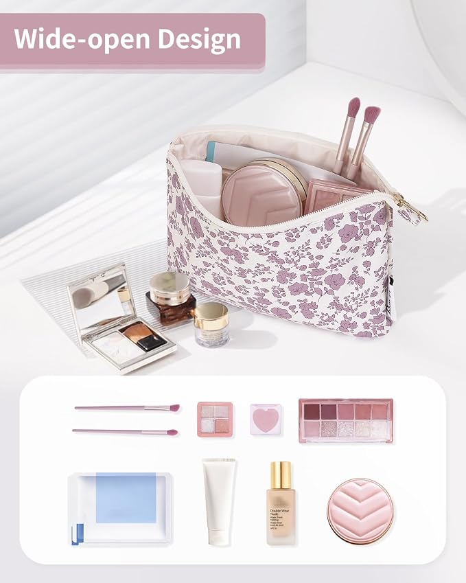 Narwey Small Makeup Bag for Purse Travel Makeup Pouch Cosmetic Bag Zipper Pouch Bags for Women (Dusty Pink Flower)