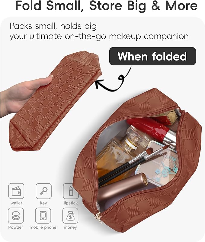 Checkered Makeup Bag for Purse - Cute PU Leather Travel Cosmetic Pouch for Women, Portable Flat Toiletry Organizer with Gold Zipper(brown)