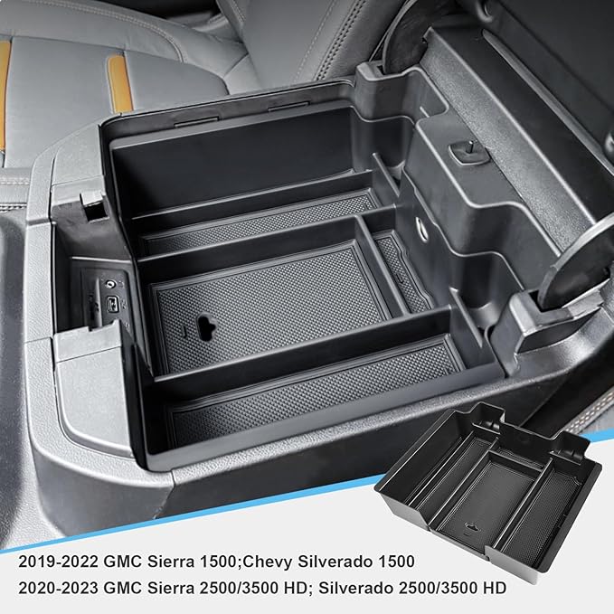 Center Console Organizer Compatible with 2019-2022 Chevy Silverado/Sierra 1500 and 2020-2023 Silverado/Sierra 2500HD 3500HD Accessories Armrest Full Size Tray,Full Console w/Bucket Seats ONLY,Black