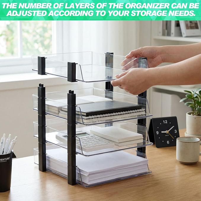 SiliFine 4 Tier Clear Stackable Desk Organizer 12.68 x 10.47 x 12.91 Inch Plastic Letter File Trays Rectangular Paper Storage Holder for Office Desktop Document Classroom Hospital(Black)