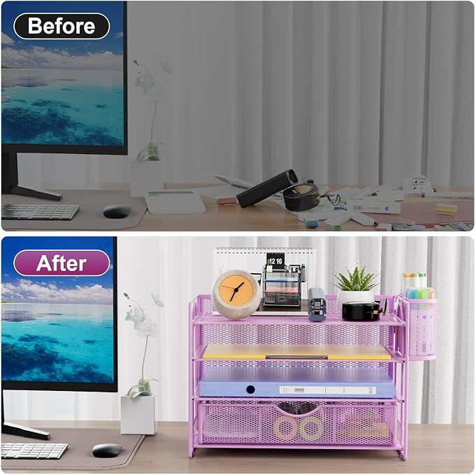Marbrasse Desk Organizer and Accessories4-Tier Paper File Letter Tray Accessories & Workspace Desk Organizers with Drawer and 2 Pen Holders for School Home Office Supplies (Purple) 2Pack