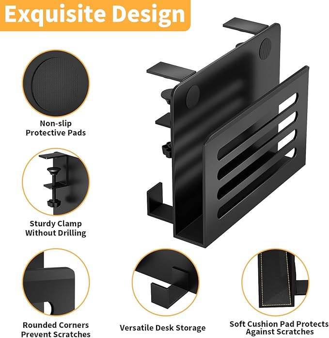 Space Saving Desk Side Storage No Drilling Under Desk Laptop Holder with Headphone Holder Cable Management Tray Carbon Steel Clamp Desk Storage Shelf Anti-Slip Magazine Holder for Home Office