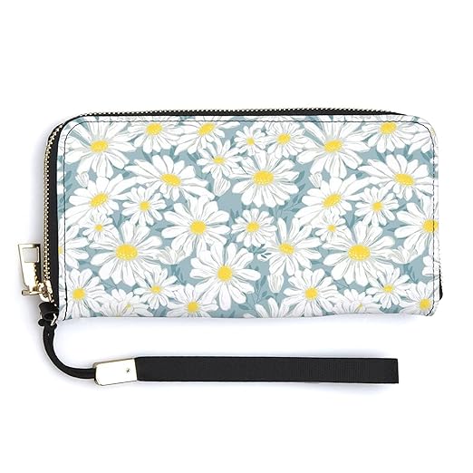 Unisex Zip Around Wallet for Adults Teens Blooming Chamomile White Coin Pouch Cash Pocket PU Leather Wallets Card Holder Organizer Designer Purse with Wristlet Strap