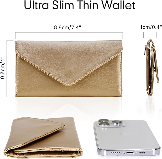 Slim Womens Wallets with Credit Card Slots, Long Envelope Style Anti Theft with 2 ID Windows, Coin Pocket, Champagne