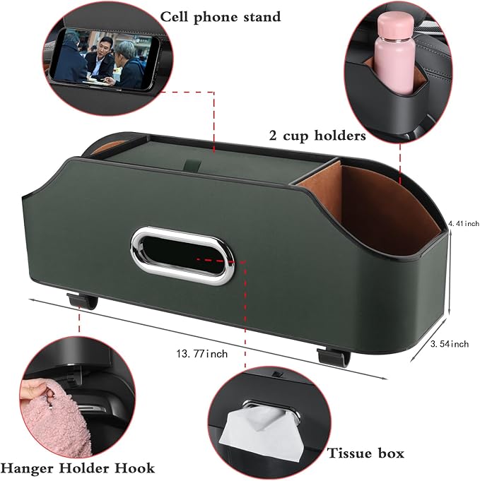 Car Seat Back Organizer - Stylish & Functional Storage for Family Adventures - Cup Holders, Tissue Box & Hooks - Perfect for Kids, Road Trips & Travel (Emeralds)