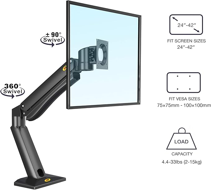 NB North Bayou Heavy Duty Monitor Arm Desk Mounts, Full Motion Mount Fits for 24"-42" Big Screen with Heavy Weight Capacity 4.4lbs-33lbs, Height Adjustable with Clamp, Grommet Mounting Base, NB45-B
