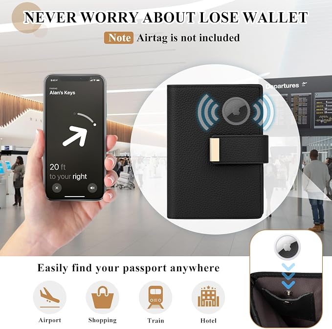 BKNOOU RFID Blocking Passport Holder with Airtag Slot- Leather Travel Passport Wallet for Women & Men, Slim Bifold Travel Passport Holder Holds Cards & Tickets & Cash (Black)
