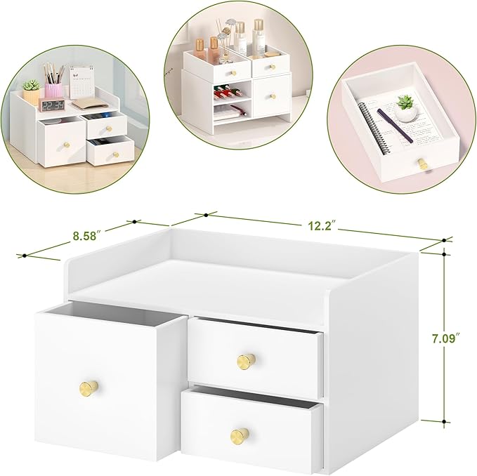 Bamboo Desk Organizer - Stackable, No Assembly Required, Ideal for Office/Home Use - Perfect for Toiletries, Stationery, Accessories. (White, Square drawer to the left of the fence)