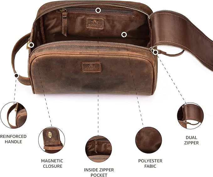 King-Size Premium Leather Toiletry Travel Pouch – Handcrafted Vintage Dopp Kit Bag with Waterproof Lining, Spacious Design for Travel Essentials - Brown