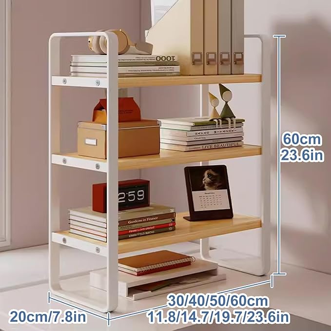 Gtzly 3 Tier Desktop Bookshelf Metal Frame Wood Board Rack Shelves Plant Stand for Kids Stationery Organizer Living Room Storage Office Display(Natural,60 * 20 * 60cm)
