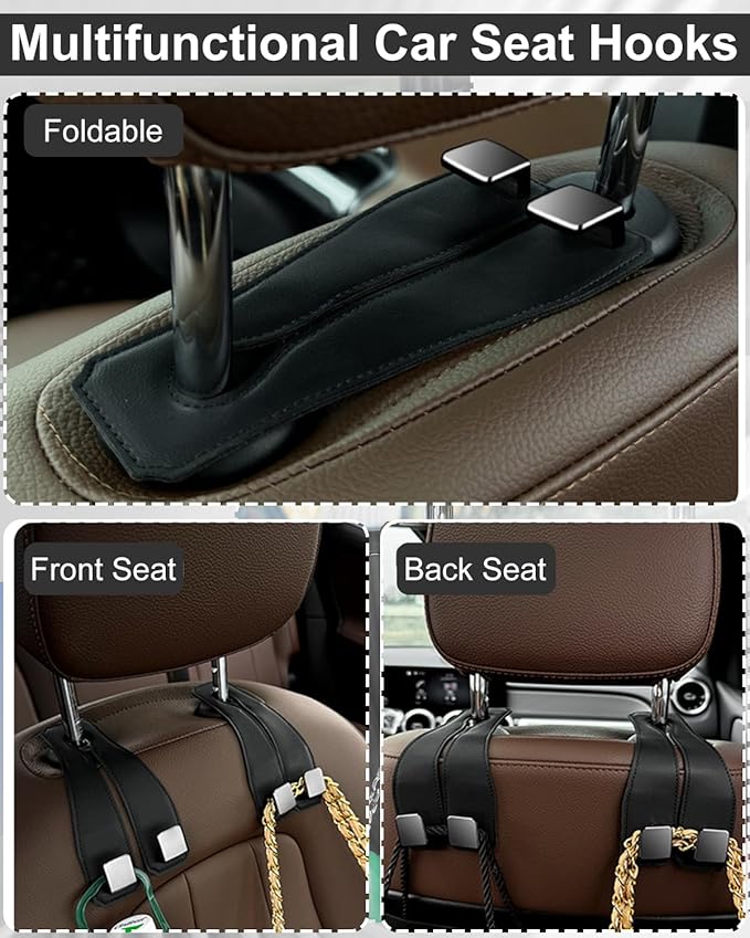 2 Pcs Car Hooks for Headrest, Adjustable Vehicle Seat Back Car Organizers and Storage Accessories, Universal Fit Double Metal Leather Purse Holder for Car(Black)