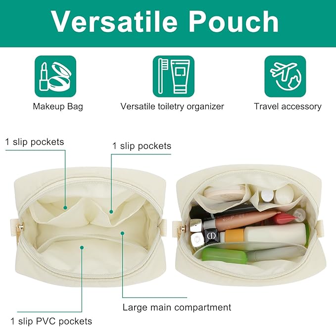 Travel Makeup Bag for Women, Small Cosmetic Bags Organizer Toiletry Bag, Nylon Pouch Travel Essentials Toiletries Accessories Brushes, Beige