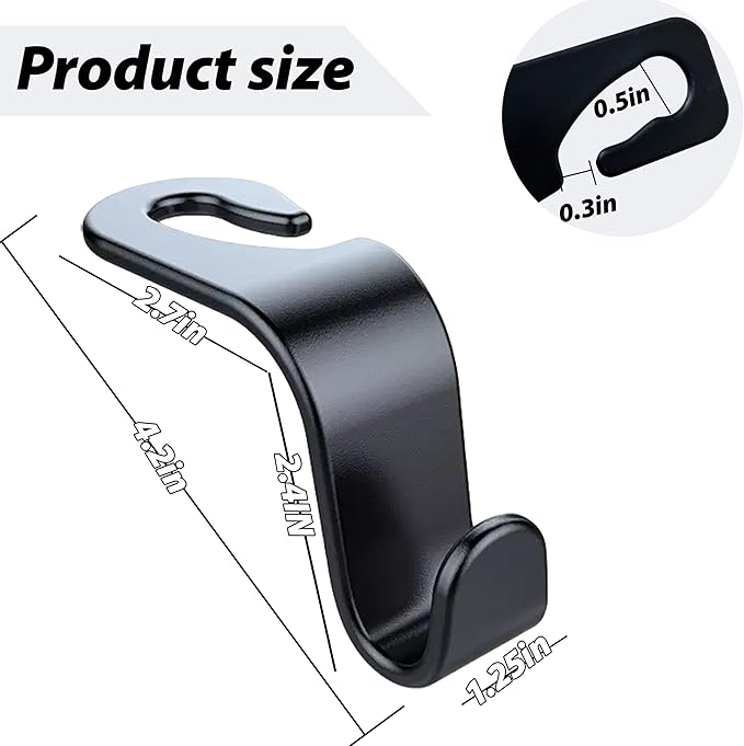 Car Seat Headrest Hook 4 Pack Hanger Storage Organizer Universal for Handbag Purse Coat fit Universal Vehicle Car (Black) S Type