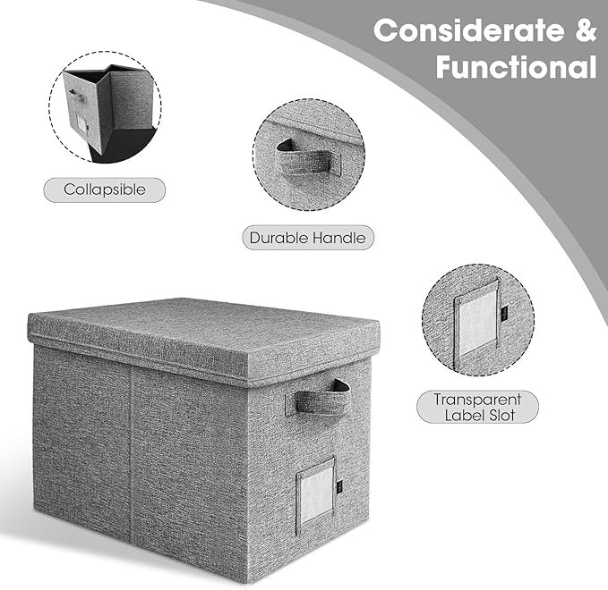 File Organizer Box with Lid, Linen Hanging File Storage Box with Handle, Collapsible Document Filling Box for Letter/Legal Folder, Portable File Box for Office/Decor/Home (1 Pack, Gery)