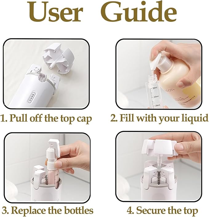 4 in 1 Travel Dispenser Bottle Travel Bottle Dispenser for Toiletries TSA Approved Leakproof with 4 Pack 30Ml Travel Size Pump Bottles & Labels, Suitable for Lotion Shampoo Conditioner Cream