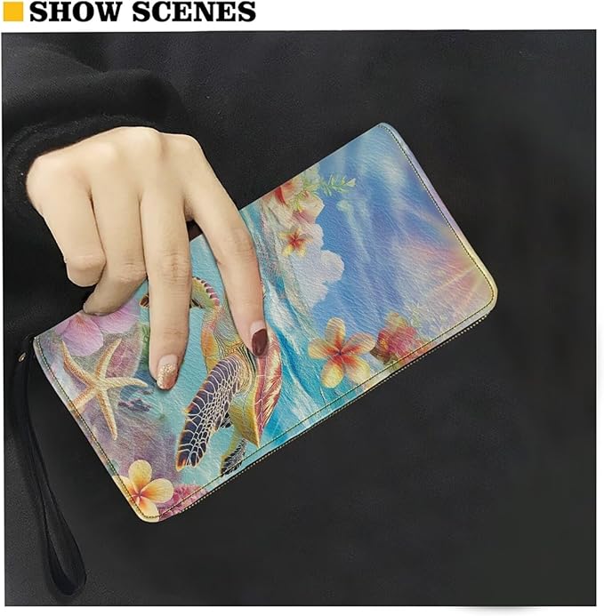 Bulopur Floral Sea Turtle Wallet for Women Tropical Hibiscus Floral Wristlet Wallet Purse Envelope Long Wallets PU Leather Travel Wallet Passport Holder for Ladies