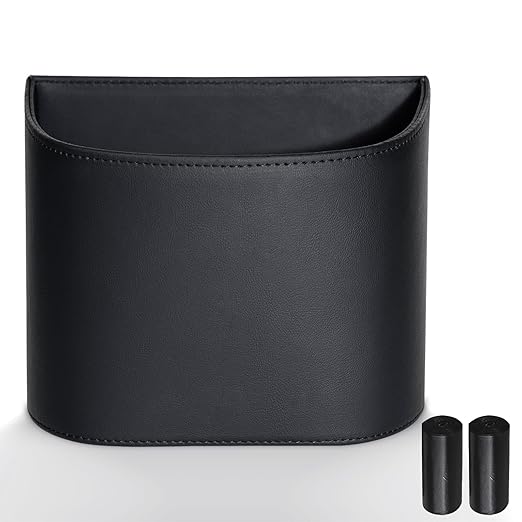 COZILO Leather Car Trash Can – Leakproof & Easy-to-Clean Car Garbage Can for Luxury Cars, SUVs & Trucks | Includes 60 Custom Liners, Secure Hook, Easy Install, Black