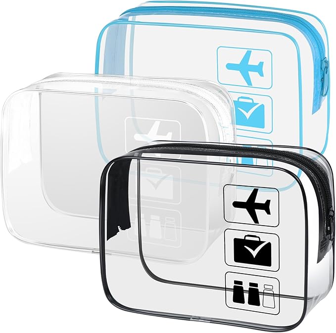 3Pcs TSA Approved Toiletry Bag, Clear Travel Toiletry Bag, Clear Makeup Bag, Waterproof Travel Makeup Cosmetic Bag, Carry On Airport Airline Quart Size Travel Bag for Women Men (Black+White+Blue)