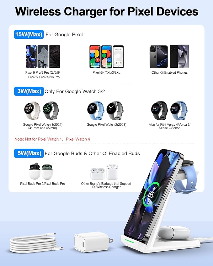 NANAMI Wireless Charger for Google - 3 in 1 Wireless Charging Station Fast Charger Stand Dock for Pixel 9/9 Pro XL/Fold/8/7,Buds Pro 2/Pro, Watch 3/2,Fitbit Versa 4/Sense 2(Not for Pixel Watch 1/4)