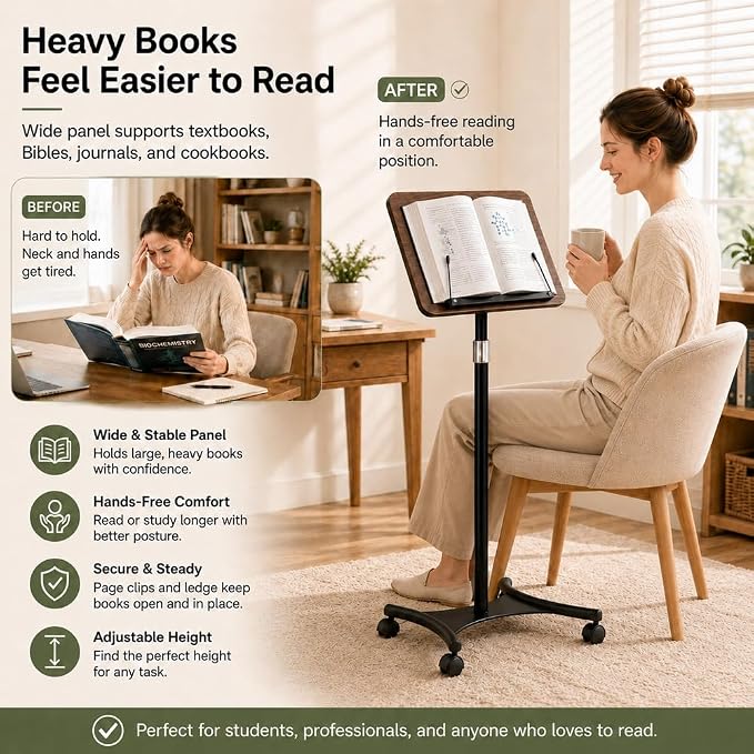 2-in-1 Rolling Book Stand, Floor & Desktop Book Holder for Heavy Books | Hands-free read | Lockable wheels | Cozy movable study setup | Up to 57 in | One stand, two ways to use | 360° Rotating Panel